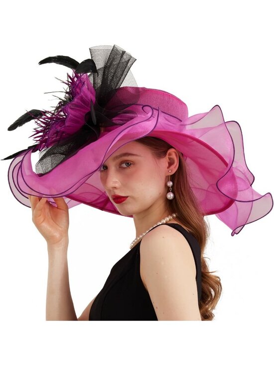 Elegant Wide Brim Organza Church Derby Hat with Detachable Flower for Weddings